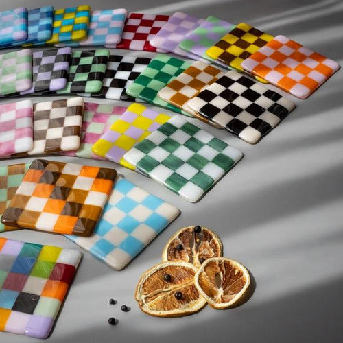 Fused Glass Coaster – Custom Chequered Pattern by David Perry Glass & Ceramics (10cm-chequered-dual-coloured-coaster-bullseye-collection)