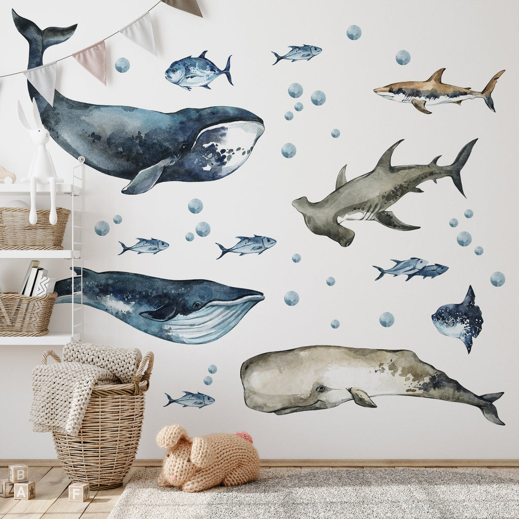 Sharks & Whales Decal Set - Sperm, Humpback, Blue, Hammerhead Shark + More - Watercolour Effect Stickers - Ocean Theme