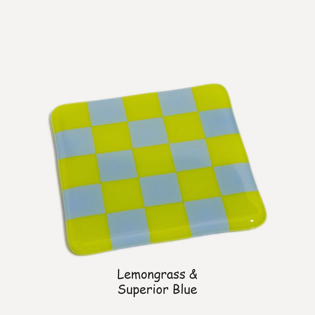 Fused Glass Coaster - Handcrafted Chequered Design from Cornwall by David Perry Glass & Ceramics (10cm-chequered-dual-colour-coaster-oceanside-collection)