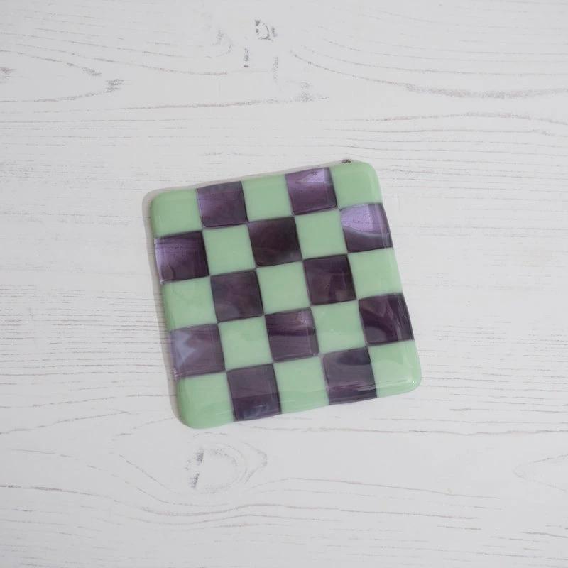Fused Glass Coaster – Mint Green & Lavender Chequered Design by David Perry Glass & Ceramics (10cm-mint-green-transparent-lavender-with-amethyst-white-chequered-coaster-bullseye-collection)