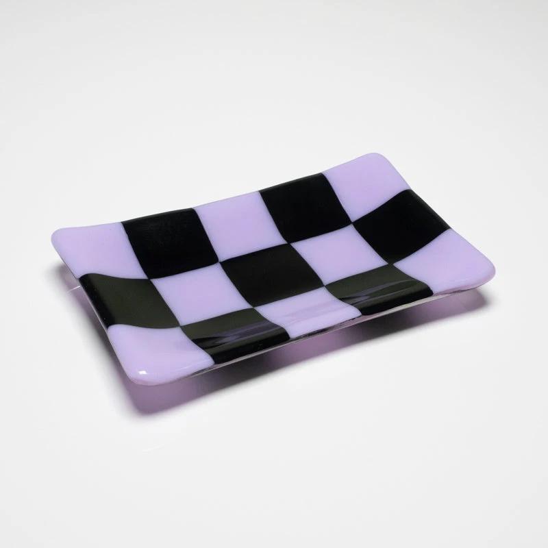 Glass Tray – Handmade Chequered Design for Keys & Jewellery by David Perry Glass & Ceramics (15x8cm-chequered-dual-coloured-medium-tray-bullseye-collection)