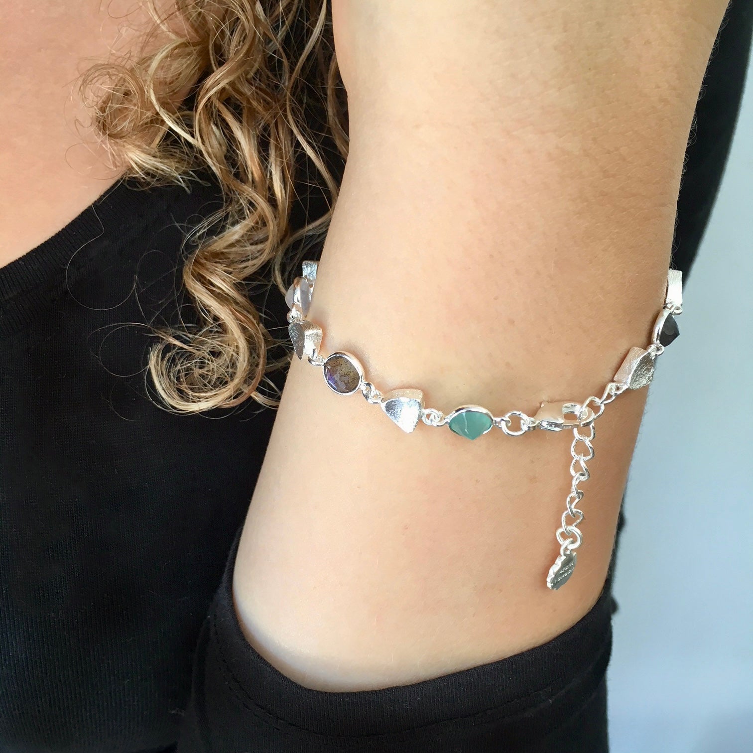 Silver Sara Mixed Gemstone Nugget Bracelet Pariba Onyx, Labradorite & Moonstone