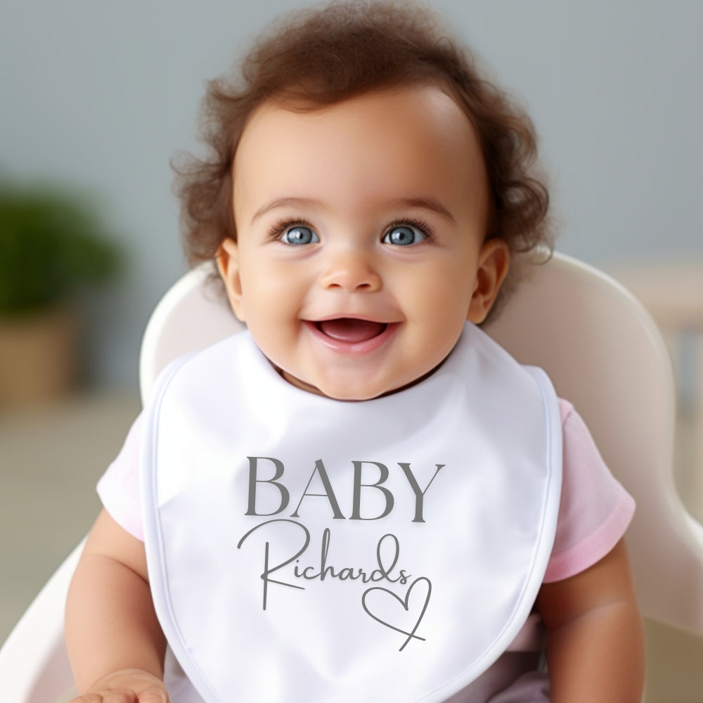 Personalised Surname Heart Baby Grow, Vest or Bib with Name