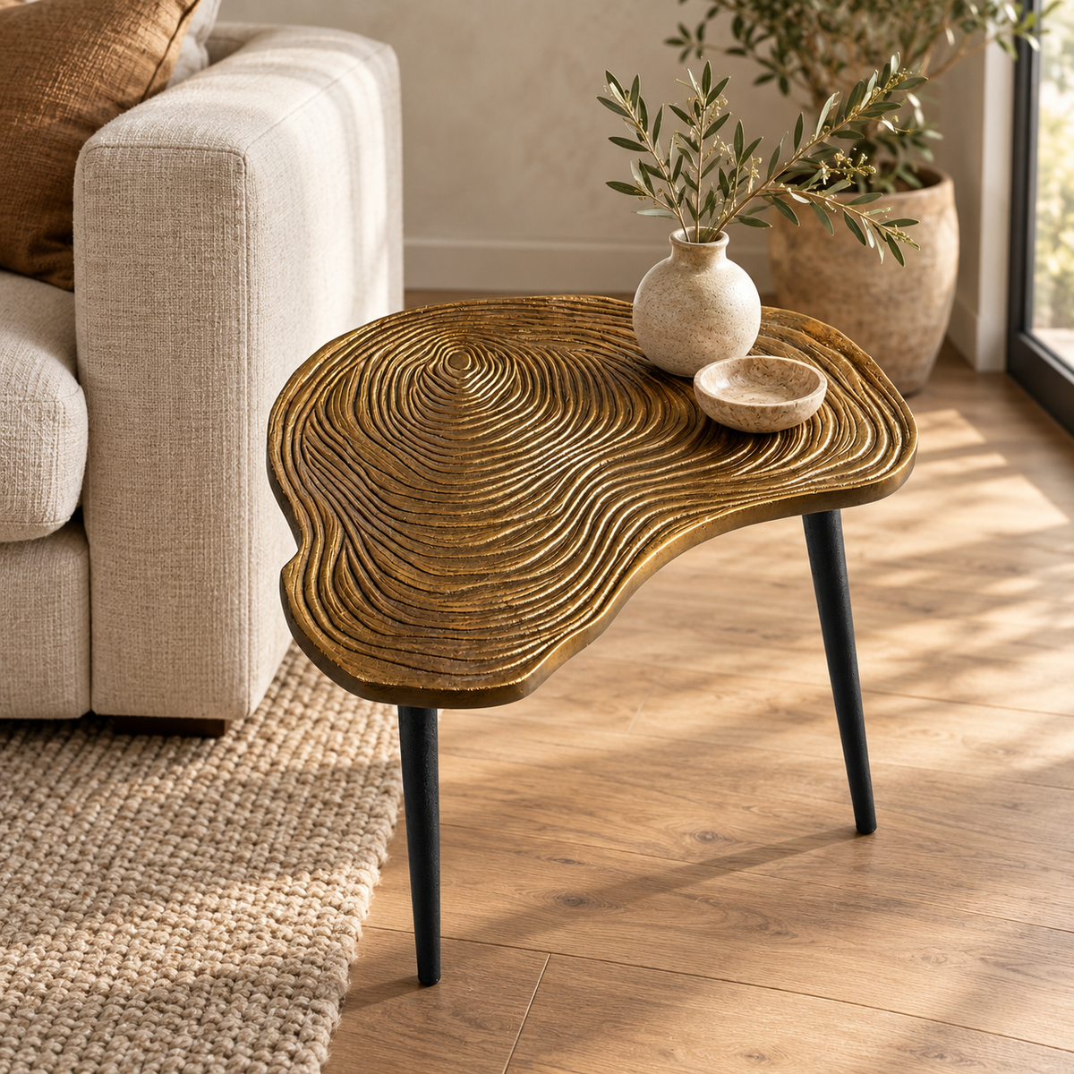 Brass Clover Side Table | Etched Top & Black Iron Legs