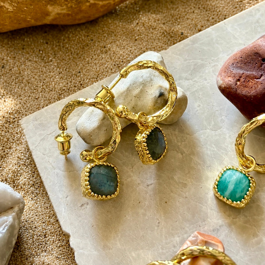 Tetra Square Gemstone Charm Hoops with Labradorite