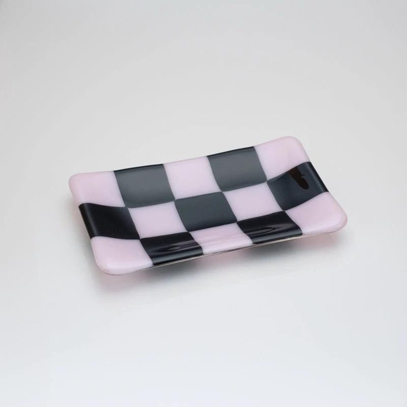 Glass Tray – Handmade Chequered Design for Keys & Jewellery by David Perry Glass & Ceramics (15x8cm-chequered-dual-coloured-medium-tray-bullseye-collection)