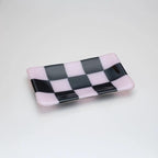 Glass Tray – Handmade Chequered Design for Keys & Jewellery by David Perry Glass & Ceramics (15x8cm-chequered-dual-coloured-medium-tray-bullseye-collection)