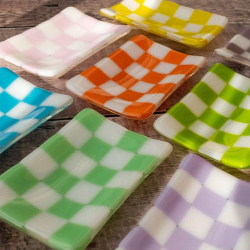 Handmade Glass Tray - Chequered Fused Glass Small Dish 12x7cm by David Perry Glass & Ceramics (12x7cm-chequered-white-colour-small-tray-bullseye-collection)