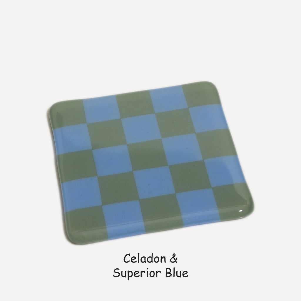 Fused Glass Coaster - Handcrafted Chequered Design from Cornwall by David Perry Glass & Ceramics (10cm-chequered-dual-colour-coaster-oceanside-collection)