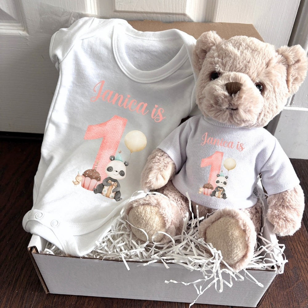 Personalised Girls 1st Birthday Panda Gift Hamper Baby Gift Box - Teddy & Vest