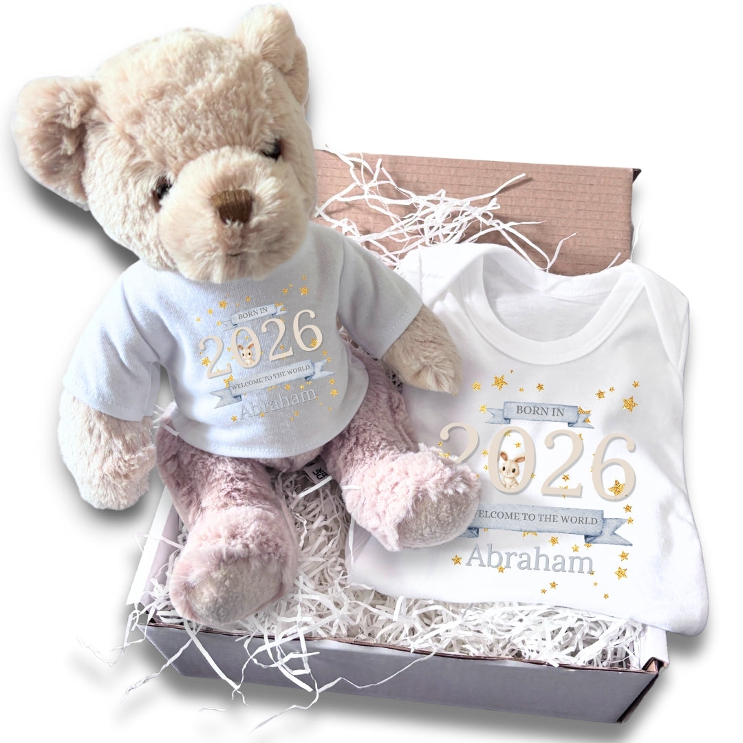 Personalised Welcome to the World 2026 Gift Box Baby Gift Hamper - Teddy & Vest
