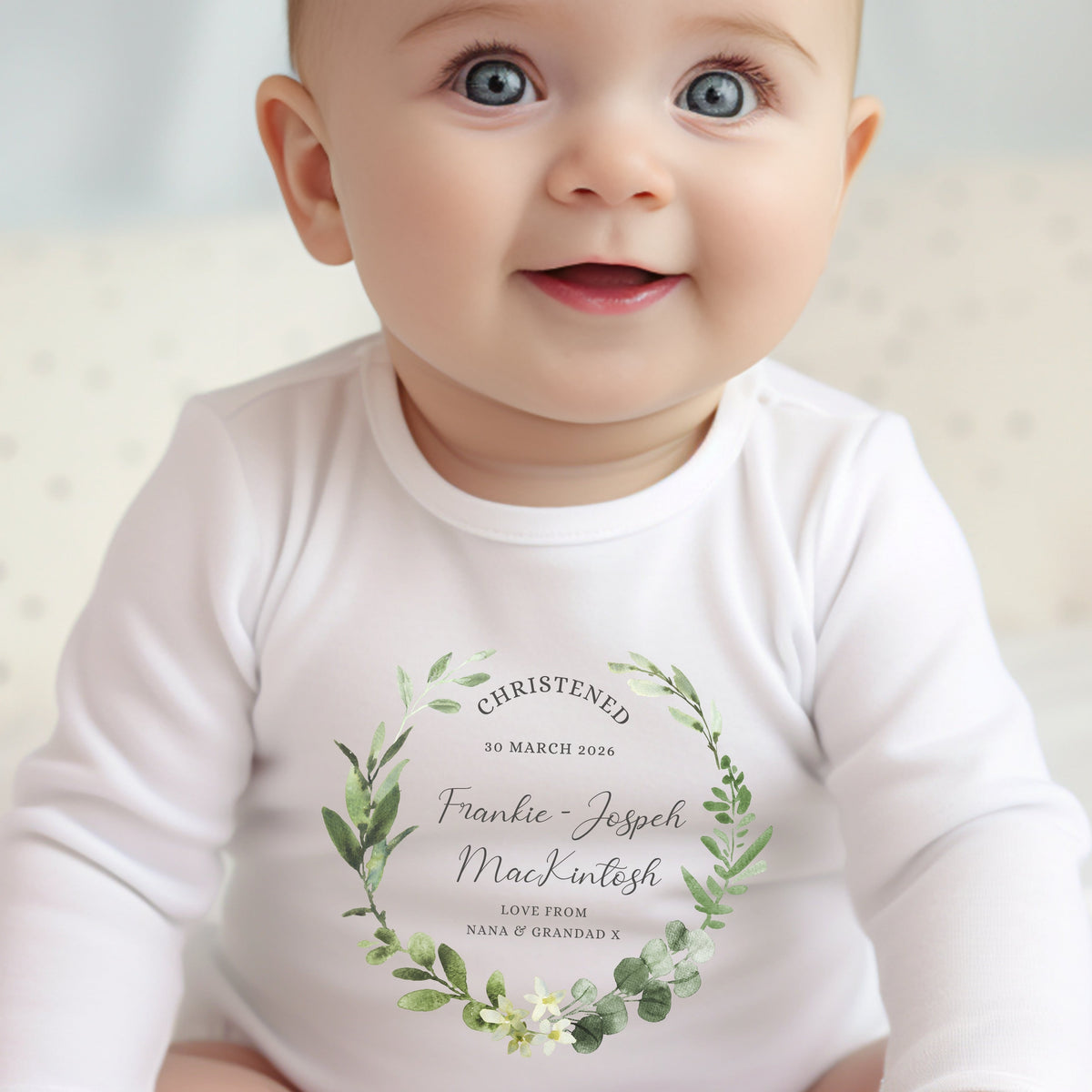 Personalised Green Floral Christening Baby Grow, Vest or Bib with Name