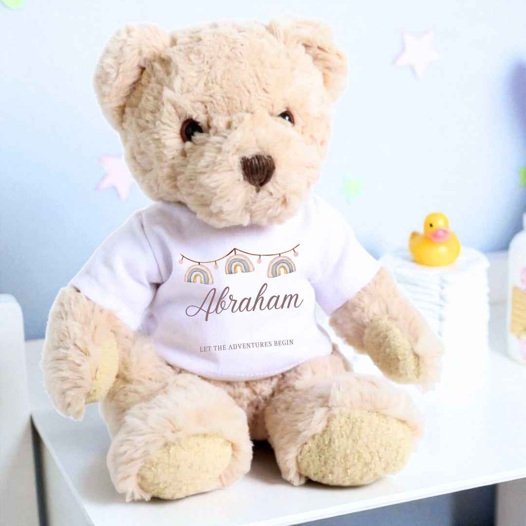 Personalised Luxury Teddy Bear with Rainbow Bunting T-Shirt