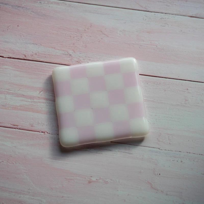 Fused Glass Coaster - Handmade Chequered Design in Cornwall by David Perry Glass & Ceramics (10cm-chequered-white-colour-coaster-bullseye-collection)