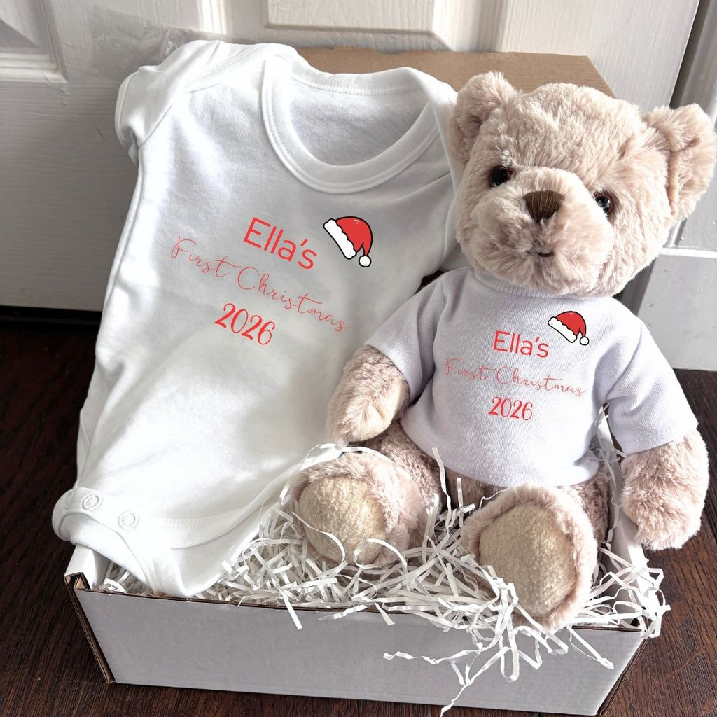 Personalised First Christmas Santa Hat Baby Gift Box - Teddy & Vest