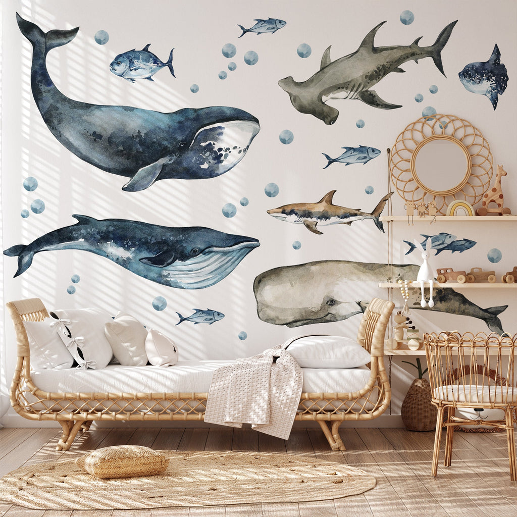 Sharks & Whales Decal Set - Sperm, Humpback, Blue, Hammerhead Shark + More - Watercolour Effect Stickers - Ocean Theme