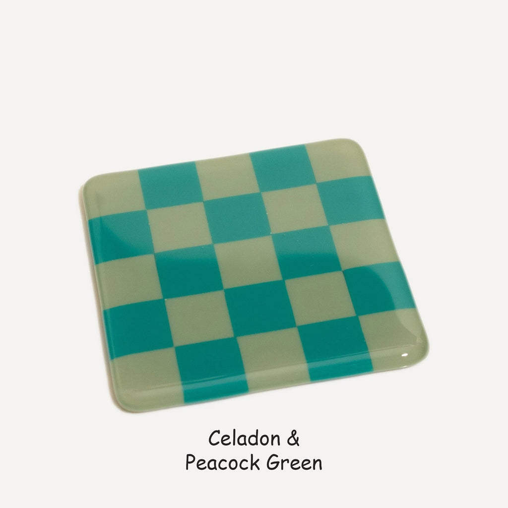 Fused Glass Coaster - Handcrafted Chequered Design from Cornwall by David Perry Glass & Ceramics (10cm-chequered-dual-colour-coaster-oceanside-collection)