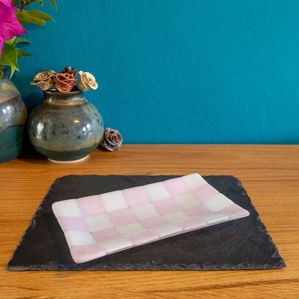 Handmade Glass Tray – Chequered Fused Design by Cornish Artisan by David Perry Glass & Ceramics (21x12cm-chequered-white-colour-large-tray-bullseye-collection)