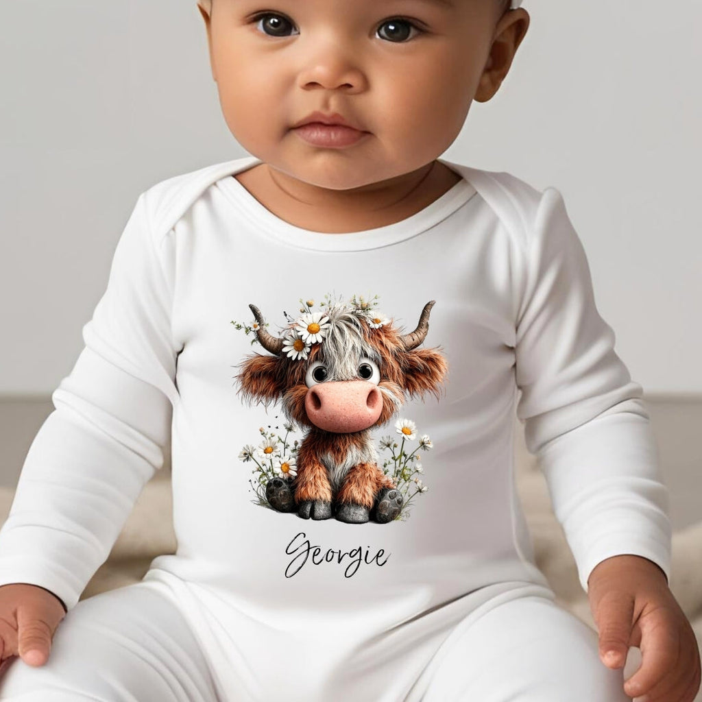 Personalised Daisy Highland Cow Baby Grow, Vest or Bib with Name
