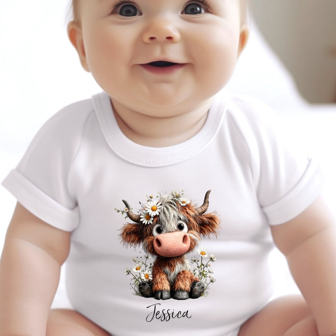 Personalised Daisy Highland Cow Baby Grow, Vest or Bib with Name