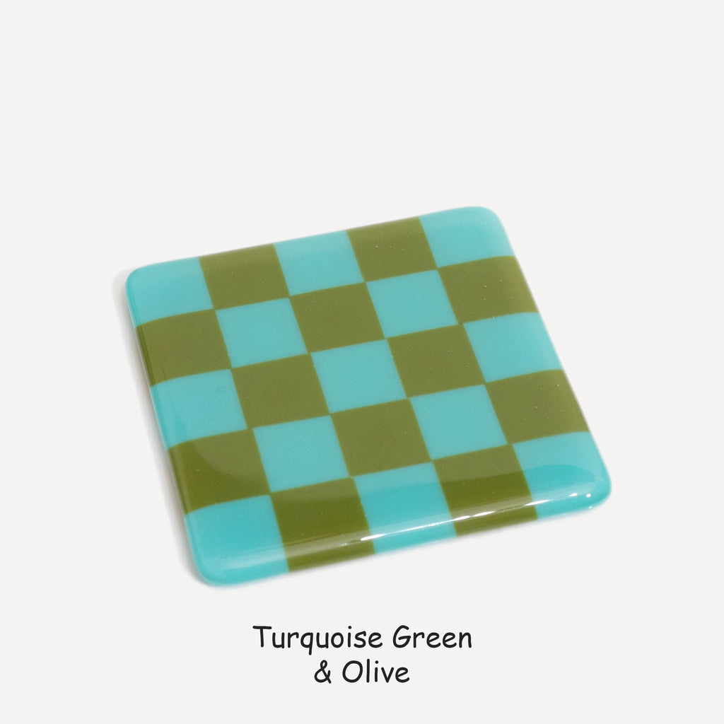 Fused Glass Coaster - Handcrafted Chequered Design from Cornwall by David Perry Glass & Ceramics (10cm-chequered-dual-colour-coaster-oceanside-collection)