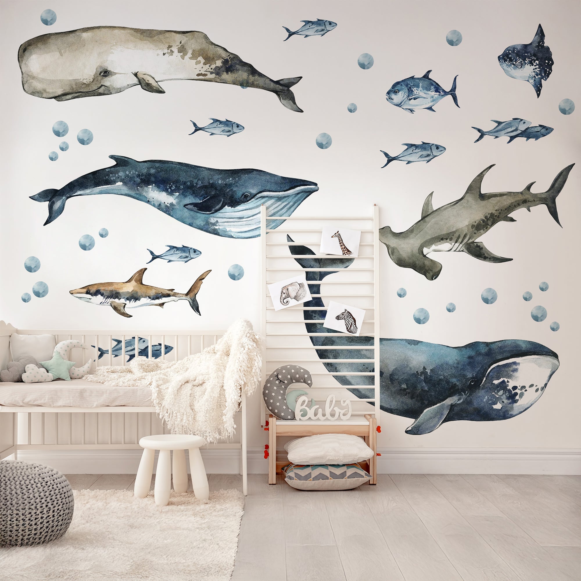 Sharks & Whales Decal Set - Sperm, Humpback, Blue, Hammerhead Shark + More - Watercolour Effect Stickers - Ocean Theme