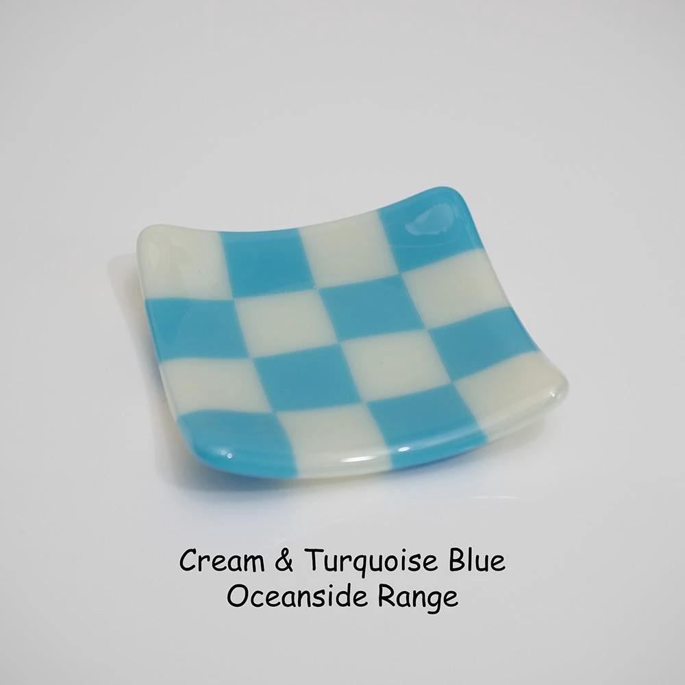 Fused Glass Dish – Handmade Chequered Oceanside Trinket Bowl 8cm by David Perry Glass & Ceramics (8cm-chequered-dual-coloured-shallow-dish-oceanside-collection)