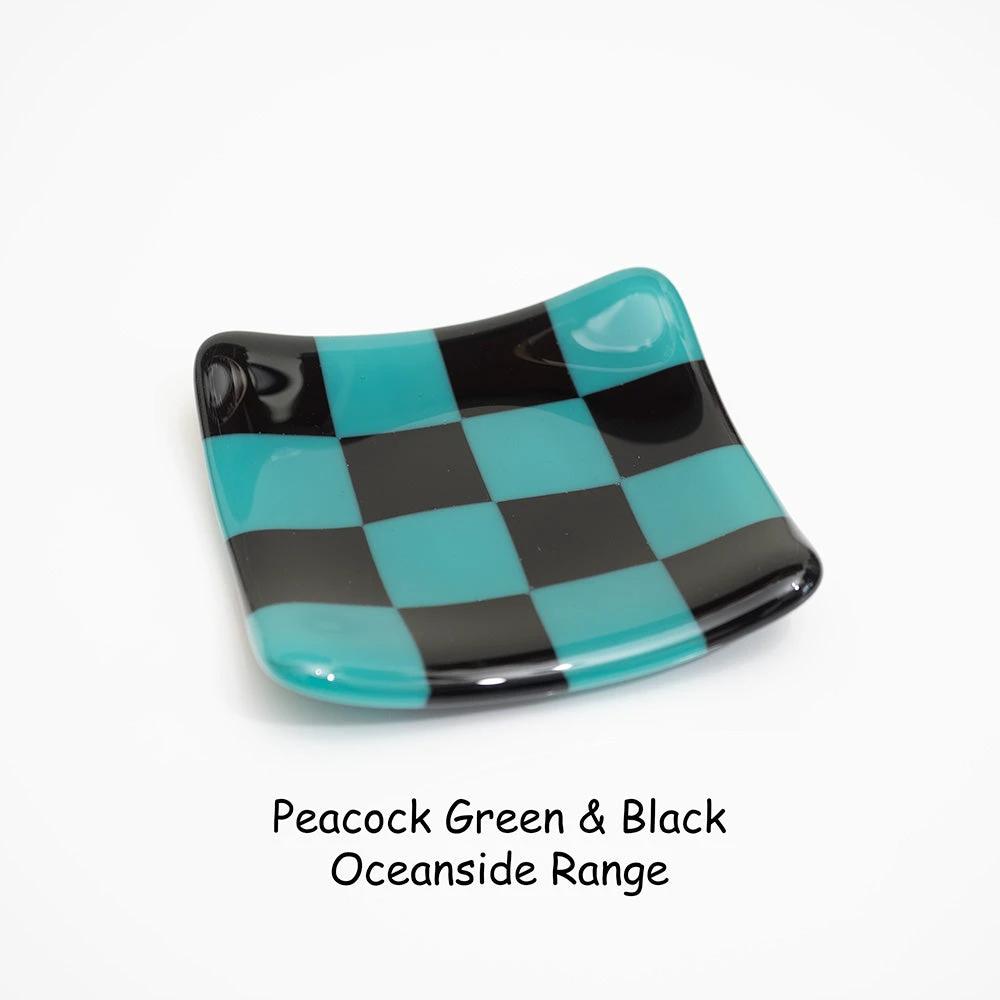 Fused Glass Dish – Handmade Chequered Oceanside Trinket Bowl 8cm by David Perry Glass & Ceramics (8cm-chequered-dual-coloured-shallow-dish-oceanside-collection)