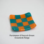 Fused Glass Dish – Handmade Chequered Oceanside Trinket Bowl 8cm by David Perry Glass & Ceramics (8cm-chequered-dual-coloured-shallow-dish-oceanside-collection)
