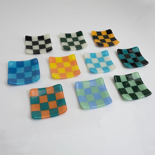 Fused Glass Dish – Handmade Chequered Oceanside Trinket Bowl 8cm by David Perry Glass & Ceramics (8cm-chequered-dual-coloured-shallow-dish-oceanside-collection)