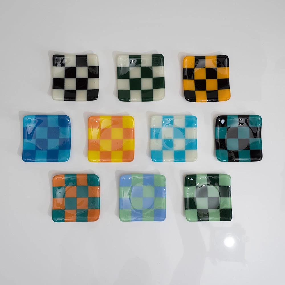 Fused Glass Dish – Handmade Chequered Oceanside Trinket Bowl 8cm by David Perry Glass & Ceramics (8cm-chequered-dual-coloured-shallow-dish-oceanside-collection)