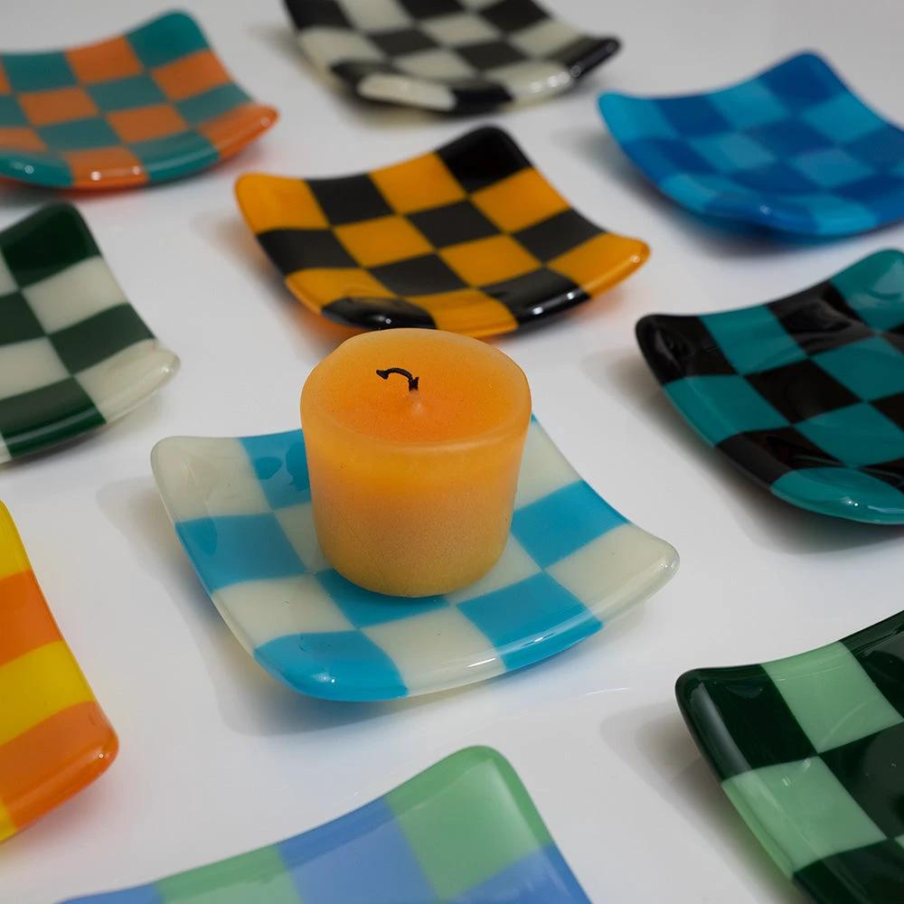 Fused Glass Dish – Handmade Chequered Oceanside Trinket Bowl 8cm by David Perry Glass & Ceramics (8cm-chequered-dual-coloured-shallow-dish-oceanside-collection)