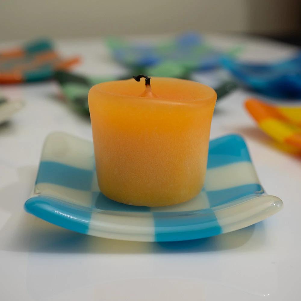 Fused Glass Dish – Handmade Chequered Oceanside Trinket Bowl 8cm by David Perry Glass & Ceramics (8cm-chequered-dual-coloured-shallow-dish-oceanside-collection)