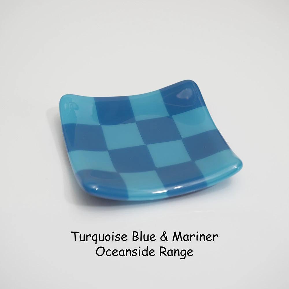 Fused Glass Dish – Handmade Chequered Oceanside Trinket Bowl 8cm by David Perry Glass & Ceramics (8cm-chequered-dual-coloured-shallow-dish-oceanside-collection)