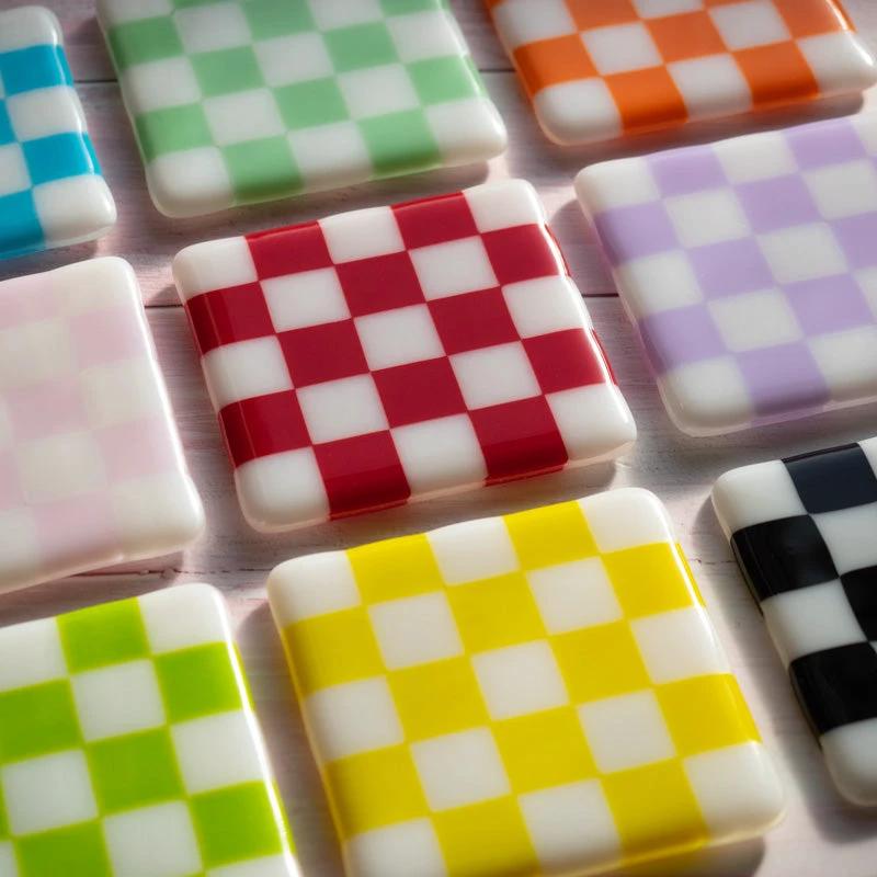 Fused Glass Coaster - Handmade Chequered Design in Cornwall by David Perry Glass & Ceramics (10cm-chequered-white-colour-coaster-bullseye-collection)