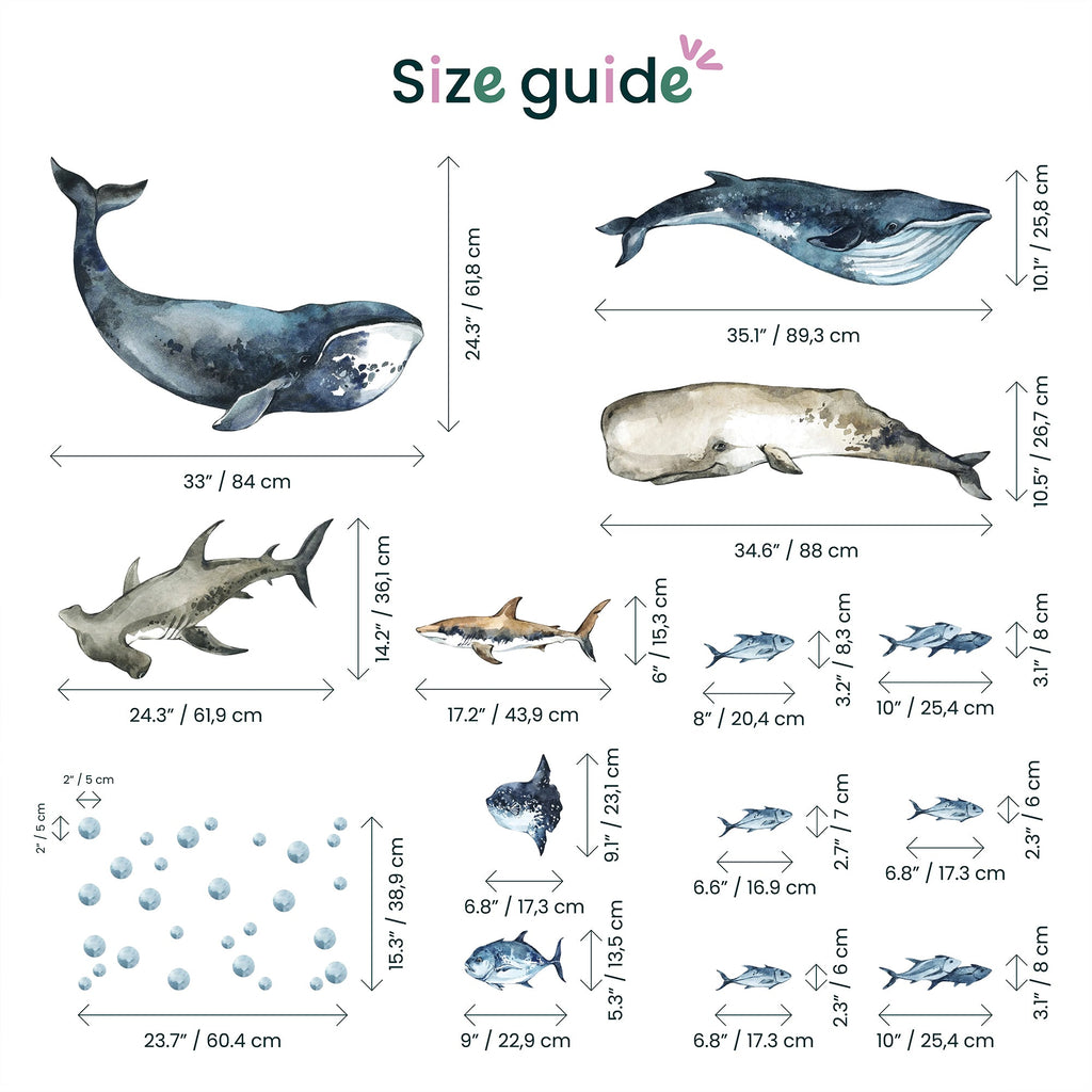 Sharks & Whales Decal Set - Sperm, Humpback, Blue, Hammerhead Shark + More - Watercolour Effect Stickers - Ocean Theme
