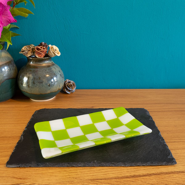 Handmade Glass Tray – Chequered Fused Design by Cornish Artisan by David Perry Glass & Ceramics (21x12cm-chequered-white-colour-large-tray-bullseye-collection)