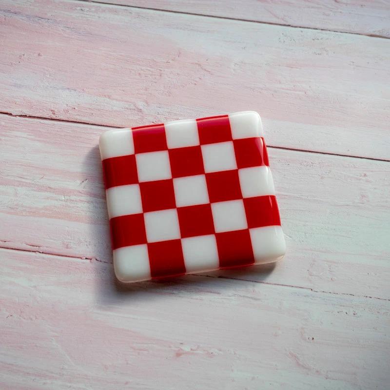 Fused Glass Coaster - Handmade Chequered Design in Cornwall by David Perry Glass & Ceramics (10cm-chequered-white-colour-coaster-bullseye-collection)