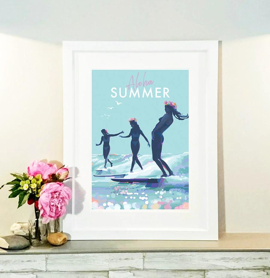Vintage Travel Poster – Aloha Summer Surf Art by Becky Bettesworth by BeckyBettesworth (aloha-summer)