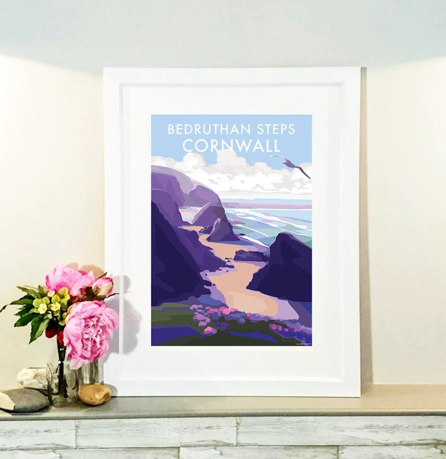 Cornwall Travel Poster – Bedruthan Steps Seaside Art Print by BeckyBettesworth (bedruthan-steps)