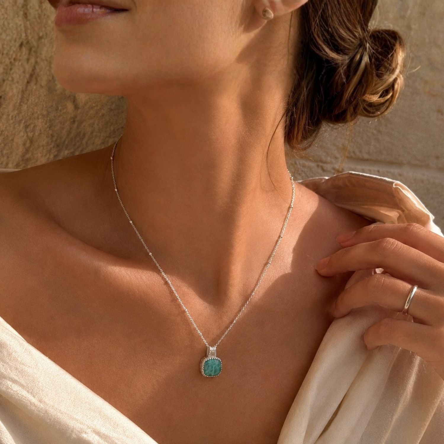 Tetra Square Gemstone Pendant Silver Amazonite
