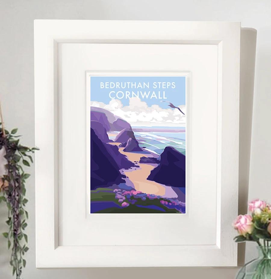 Cornwall Travel Poster – Bedruthan Steps Seaside Art Print by BeckyBettesworth (bedruthan-steps)