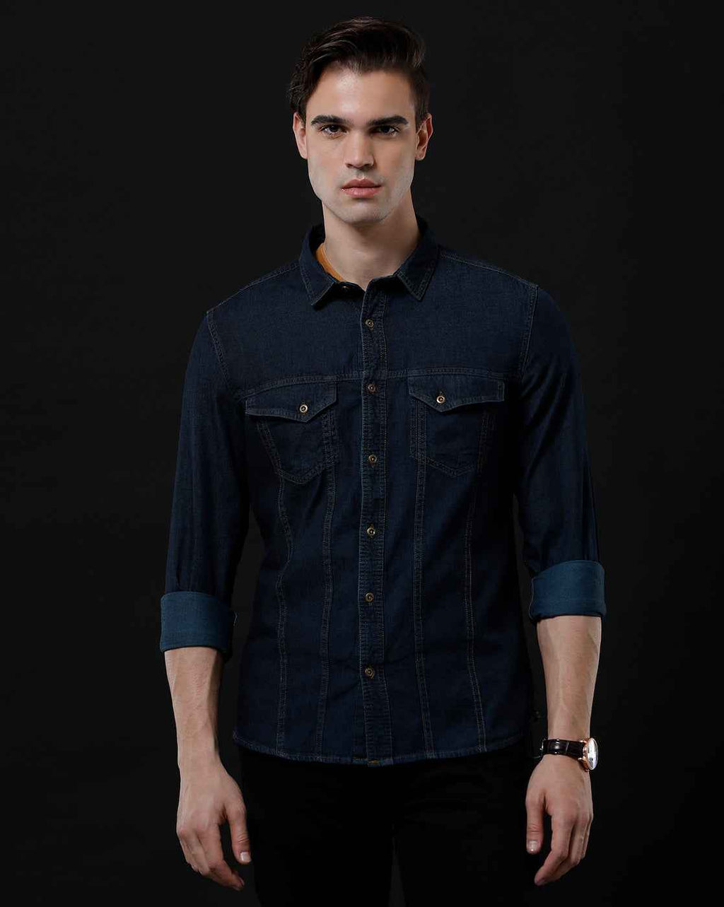 Men's Slim Fit Solid Denim Casual Shirt (AAKAL)