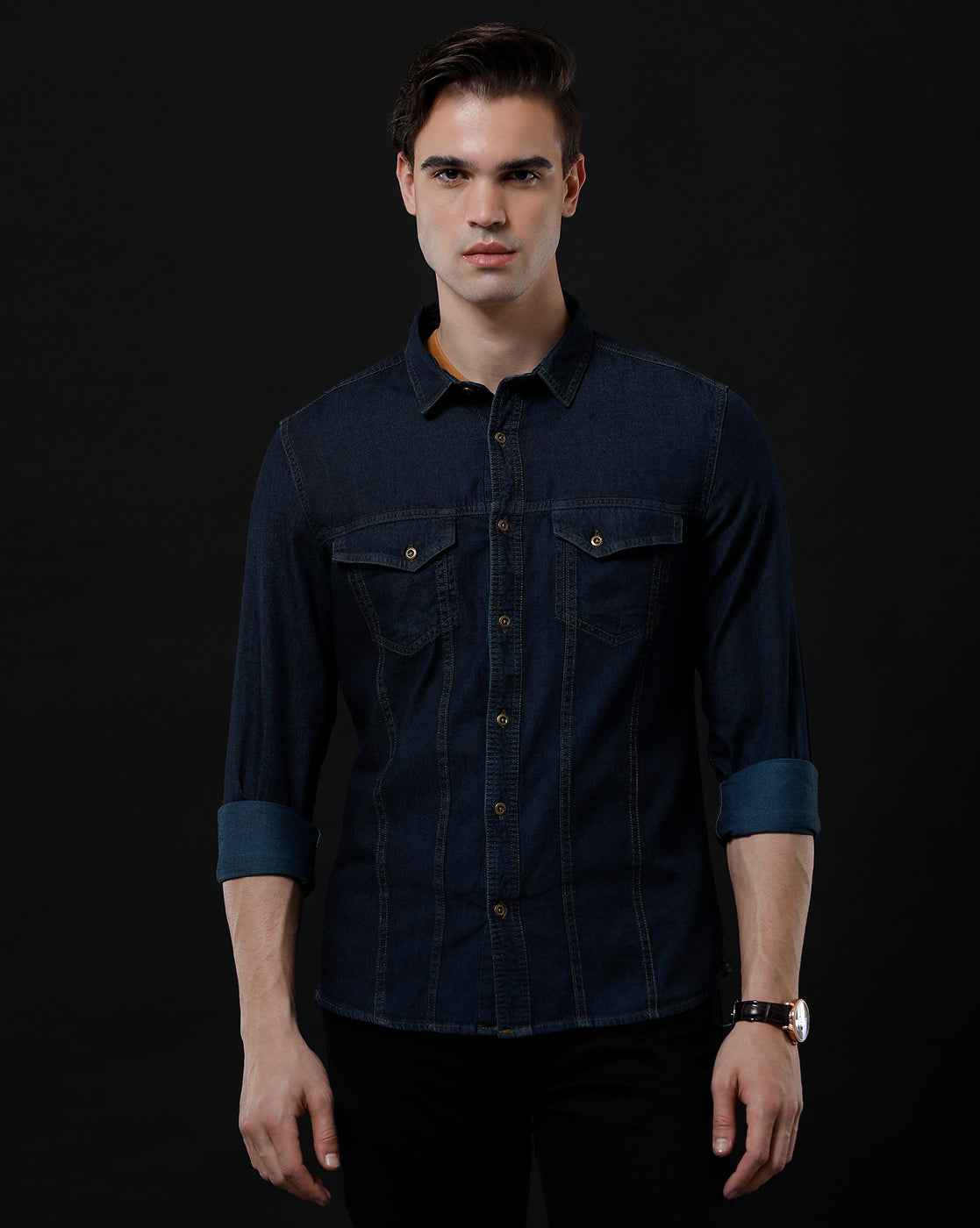 Men's Slim Fit Solid Denim Casual Shirt (AAKAL)