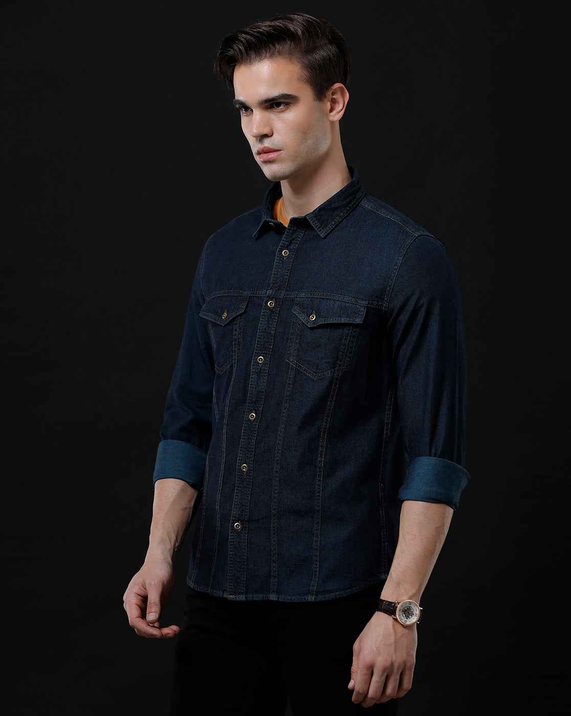 Men's Slim Fit Solid Denim Casual Shirt (AAKAL)