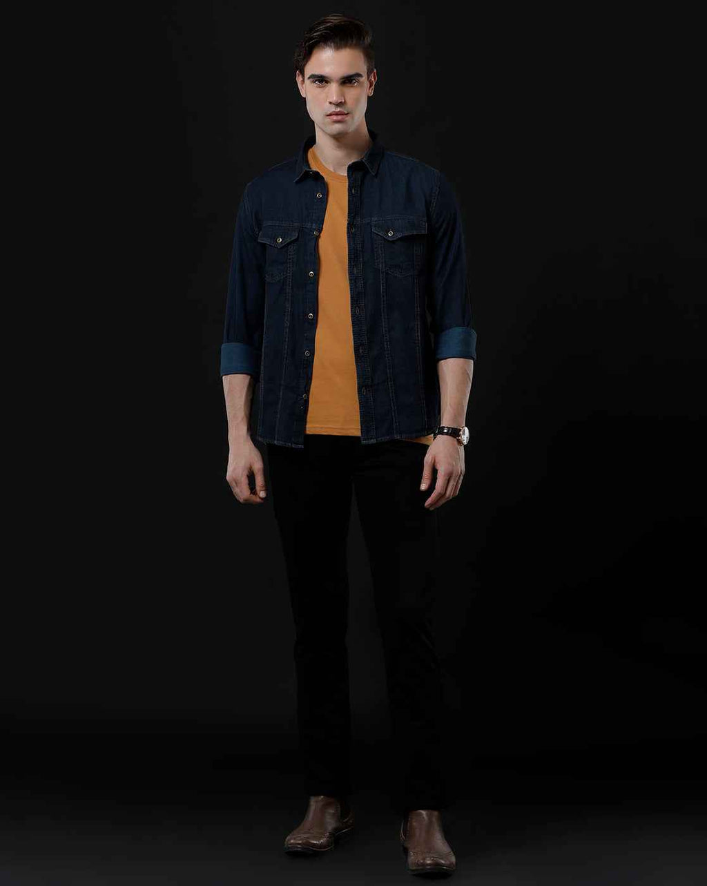 Men's Slim Fit Solid Denim Casual Shirt (AAKAL)