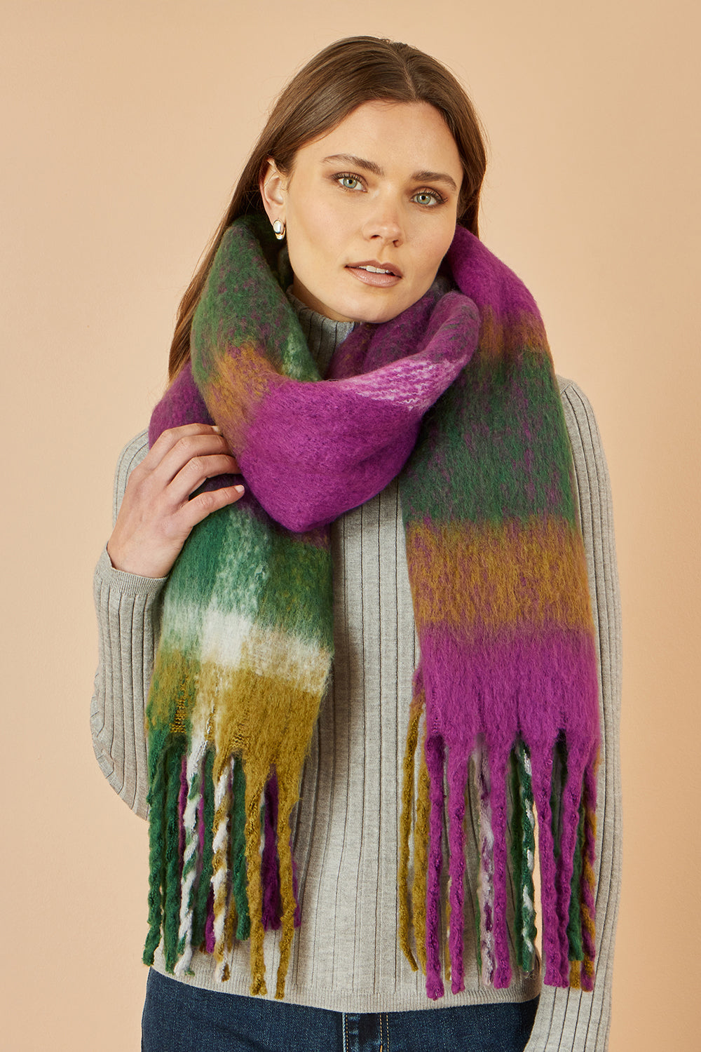 Yumi Green And Purple Check Soft Scarf