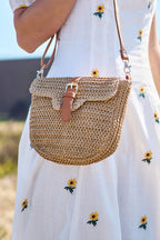 Yumi Brown Woven Rattan Handbag With Buckle