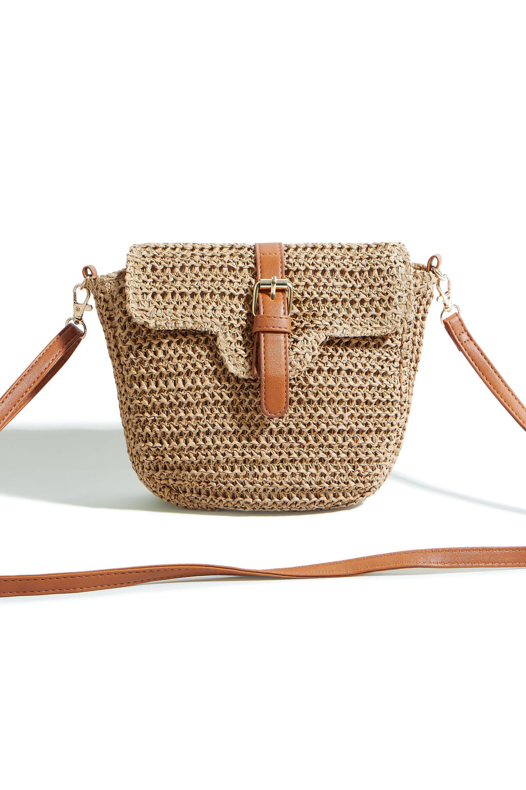 Yumi Brown Woven Rattan Handbag With Buckle