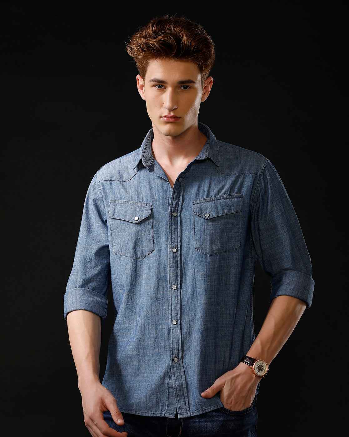 Men's Slim Fit Solid Denim Casual Shirt (ANOUR)